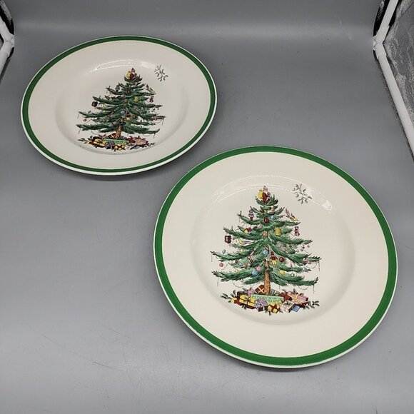 Vintage Spode Christmas Tree 10.5 Dinner Plates  England Set Of 2 S3324M - Picture 1 of 3